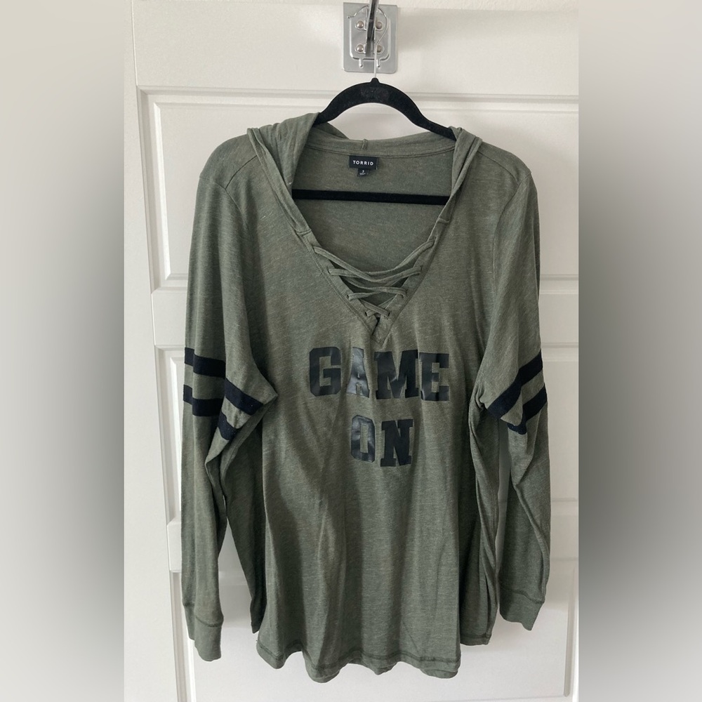 Torrid Game On Olive Green Strappy Football Hoodie Sz 3X - Picture 3 of 8